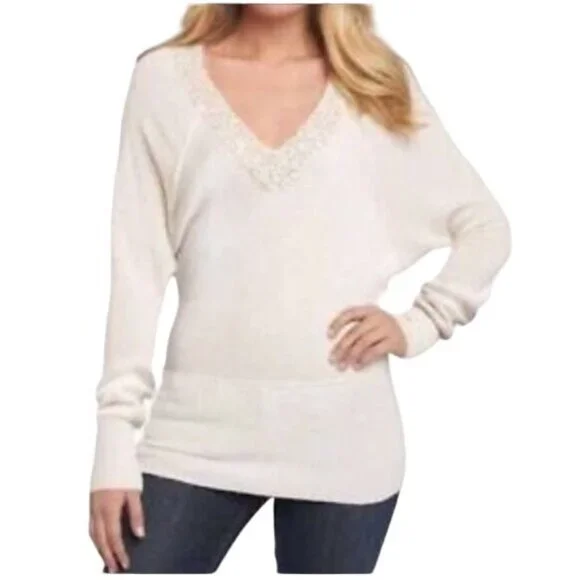 Vintage Free People Sequin V-Neck Cream Knit Sweater | Luxe Boho Soft Girl Y2K S - Picture 2 of 15